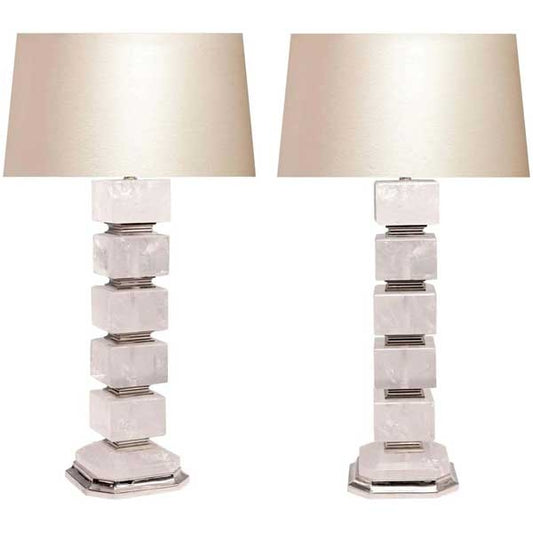 Pair of Cubic Form Rock Crystal Quartz Lamps