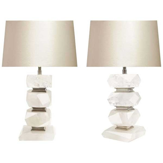 Pair of Faced Cubic Rock Crystal Quartz Lamps