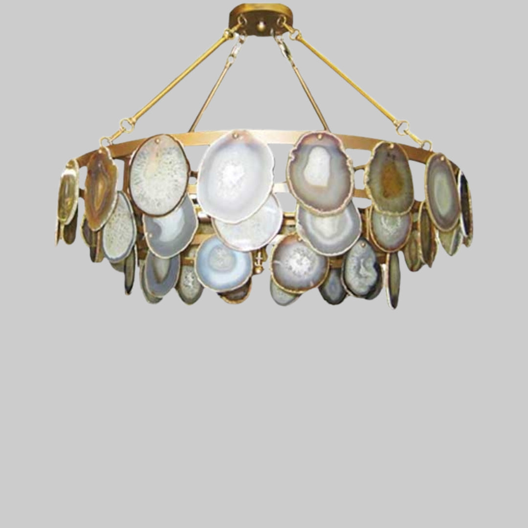 Natural Agate Slice and Gold Iron Chandelier