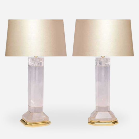 Pair of Octagon Column Form Rock Crystal Quartz Lamps