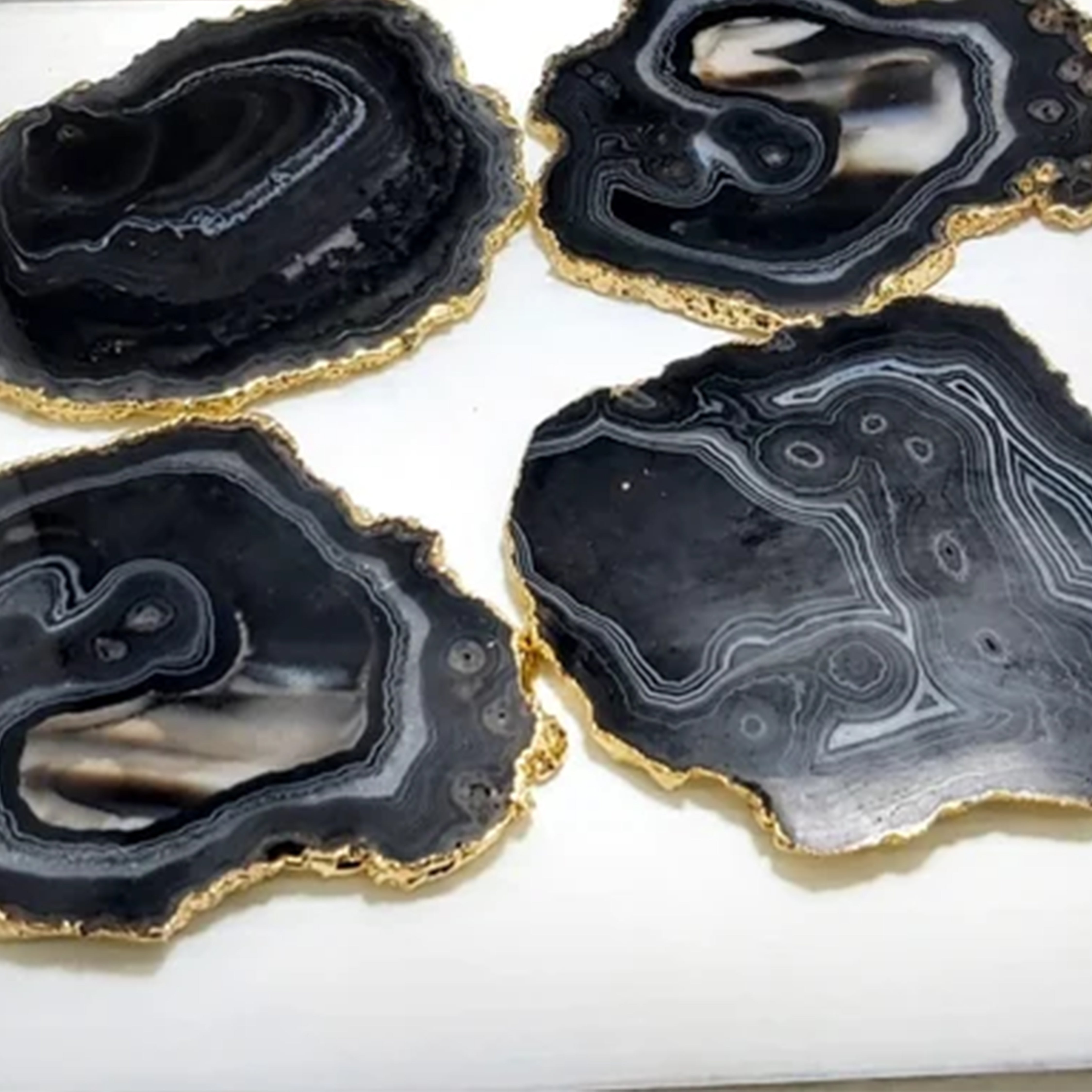 4 Gold Edge Black Agate Coasters