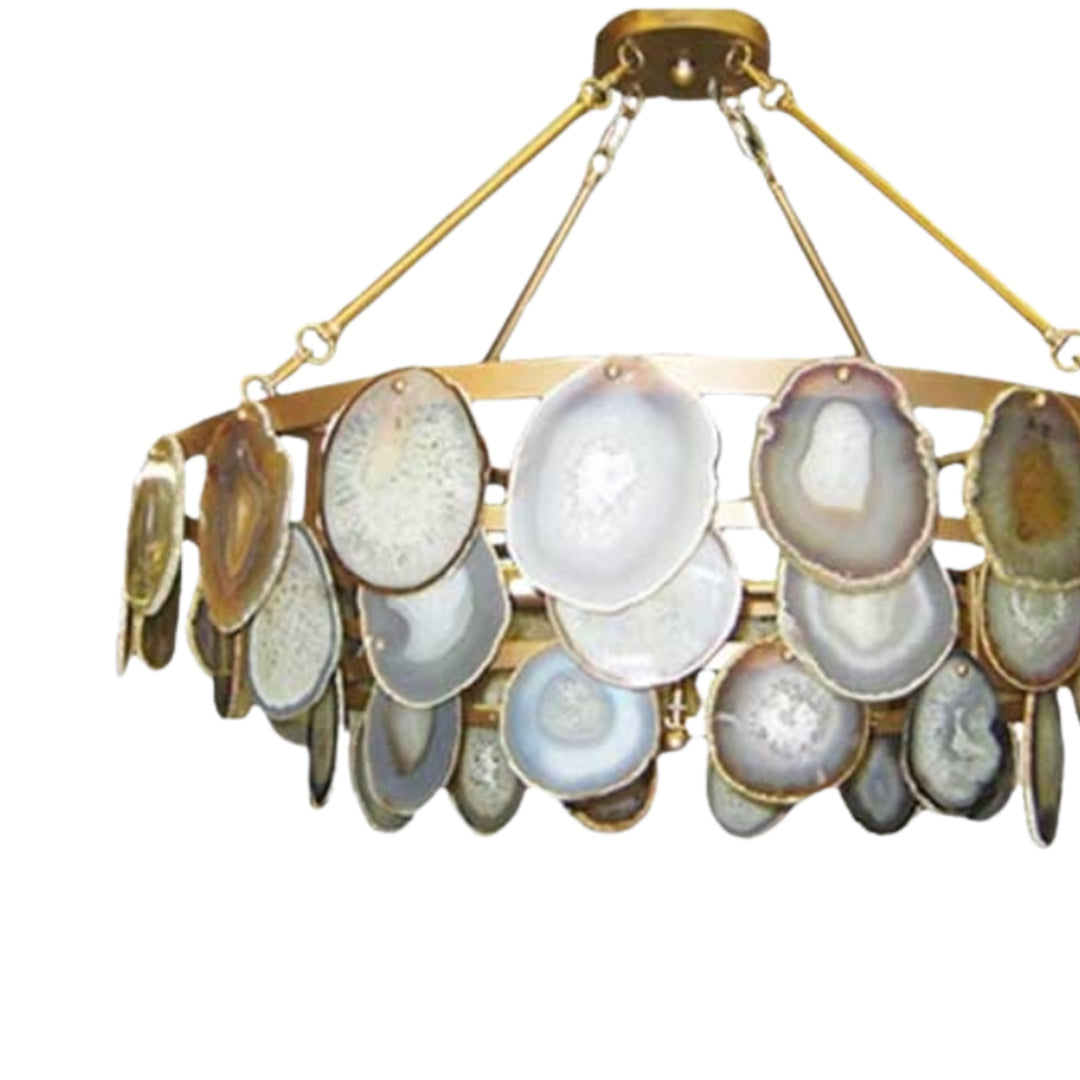 Natural Agate Slice and Gold Iron Chandelier