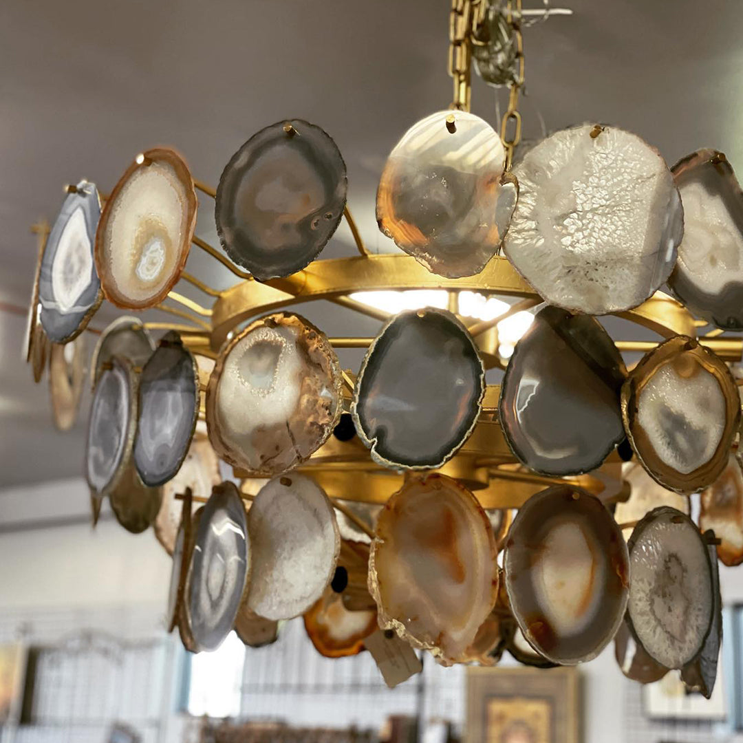 Natural Agate Slice and Gold Iron Chandelier