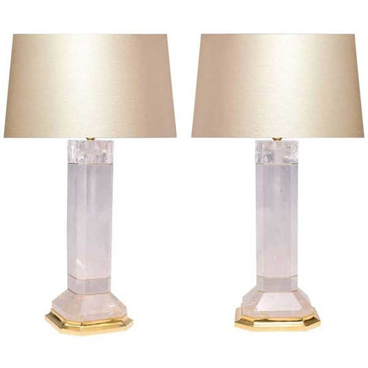 Pair of Octagon Column Form Rock Crystal Quartz Lamps